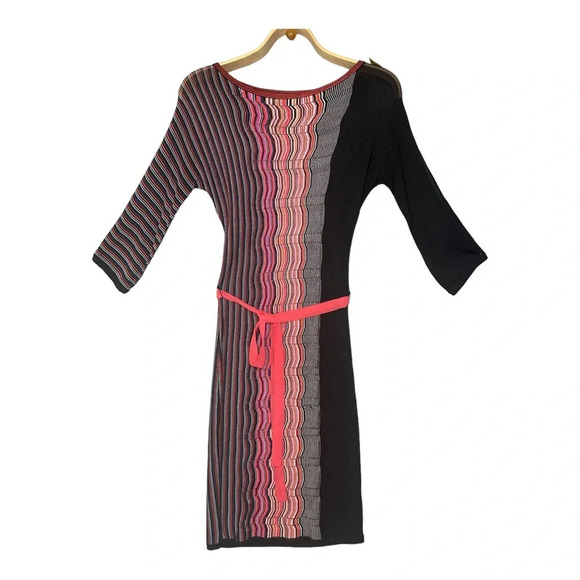 Trina Turk Dress Black Pink Orange Stripped Knit 3/4 Sleeve Midi Dress Sz: S/P - Picture 1 of 8